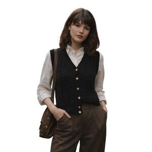 LAURA GAYLE Cable Knit Button Front Sweater Vest Black Dark academia Small